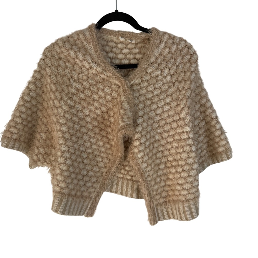 Anthropologie Moth Fuzzy Bobble Knit Cardigan Shawl Sweater Capelet Beige S